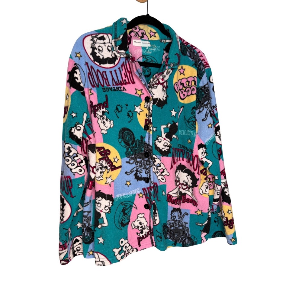 Betty Boop fleece colorful patchwork button down blouse sweater retro 90s style